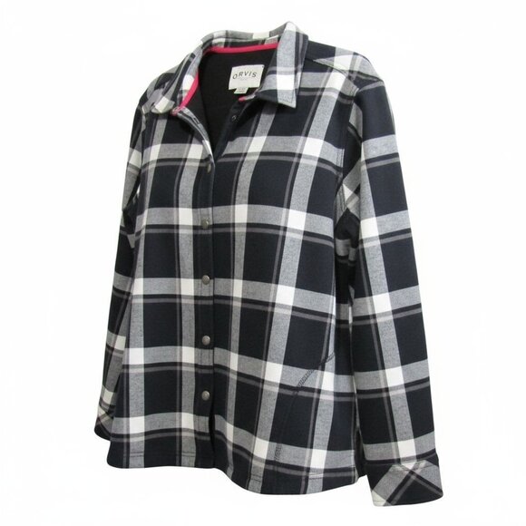 Orvis Black White Plaid Flannel Shirt Shacket Womens XXL Fleece Lined Snap Front - Picture 1 of 11